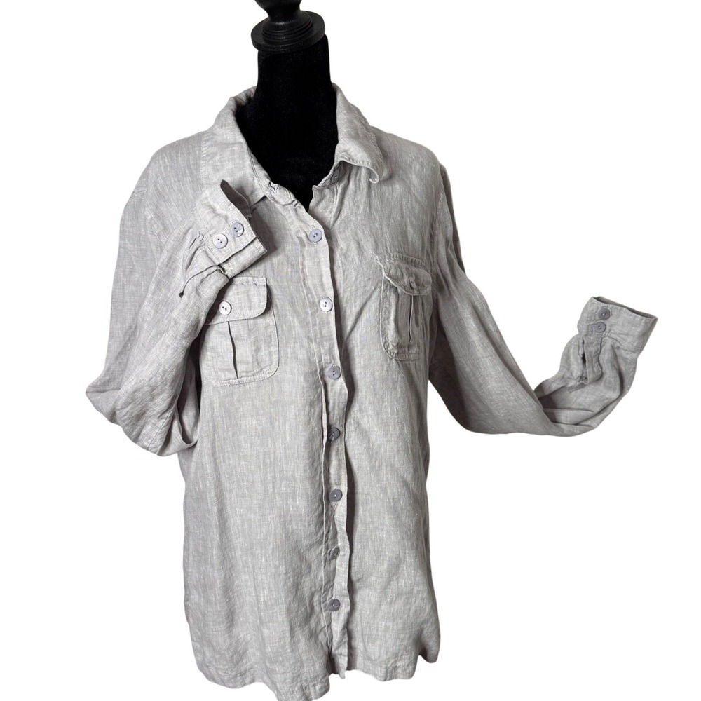 Minimalist Utility‎ Linen Safari Top Womens 14 Gray Lagenlook layering Blouse